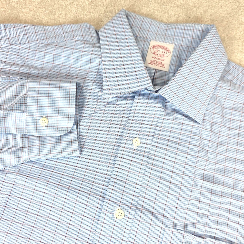 Brooks Brothers Dress Shirt Mens 16.5-33‎ Blue Plaid Cotton Madison Fit Non-Iron